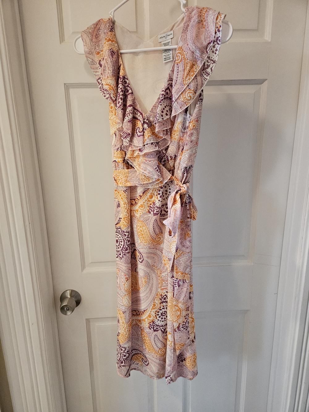 Jaclyn Smith Lavender and Orange Paisley Ruffle Wrap Midi Dress